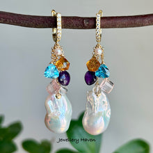 Cargar imagen en el visor de la galería, Baroque pearl, blue topaz, citrine, amethyst and rose quartz earrings