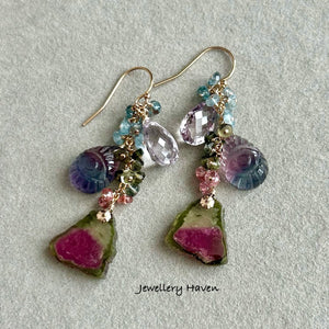 Watermelon tourmaline, fluorite, pink amethyst earrings