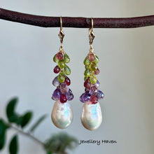 Load image into Gallery viewer, White Edison pearl, pink tourmaline, peridot and pink amethyst earrings