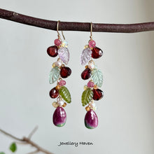 Laden Sie das Bild in den Galerie-Viewer, Ruby zoisite, garnet, fluorite, pink amethyst carved leaf earrings