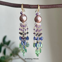 Load image into Gallery viewer, Edison Pearl, kyanite, tanzanite, sugilite and amethyst tassel earrings
