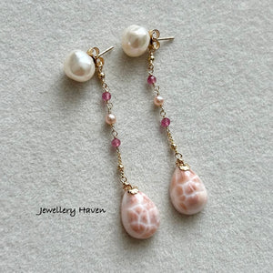 Pink Natrolite with keshi pearl studs earrings (detachable)