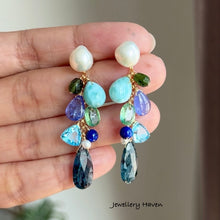 Load image into Gallery viewer, Teal moss kyanite, Larimar, tanzanite and baby baroque pearl studs earrings (detachable style)