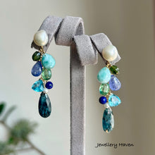 Load image into Gallery viewer, Teal moss kyanite, Larimar, tanzanite and baby baroque pearl studs earrings (detachable style)