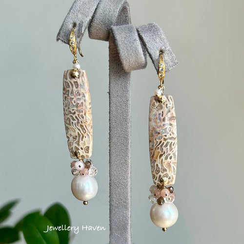 Petrified Palm wood, white Edison pearl earrings
