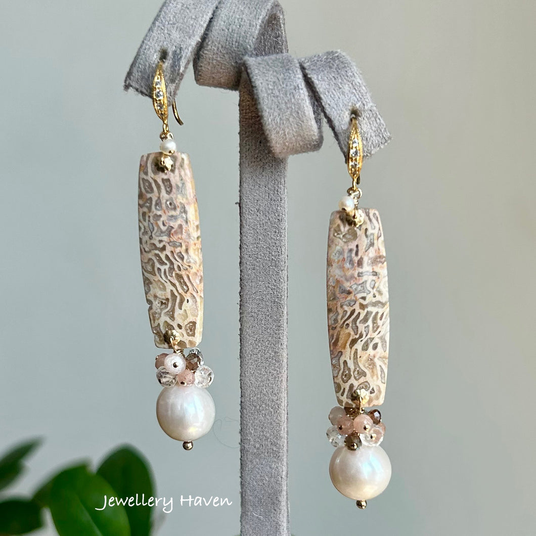 Petrified Palm wood, white Edison pearl earrings