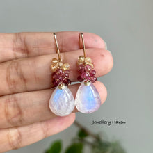 Load image into Gallery viewer, Blue flash moonstone, pink tourmaline, imperial topaz earrings