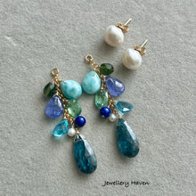 Load image into Gallery viewer, Teal moss kyanite, Larimar, tanzanite and baby baroque pearl studs earrings (detachable style)