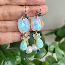 Load image into Gallery viewer, Blue flash rainbow moonstone earrings