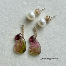 Load image into Gallery viewer, Rare tourmaline slice dangle with baby baroque pearl studs