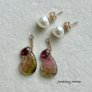 Rare tourmaline slice dangle with baby baroque pearl studs