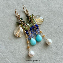 Carica l'immagine nel visualizzatore di Gallery, Golden rutilated quartz, Larimar, pearl earrings
