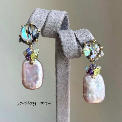 Iridescent lavender pearls and round abalone shell stud earrings (detachable dangle)