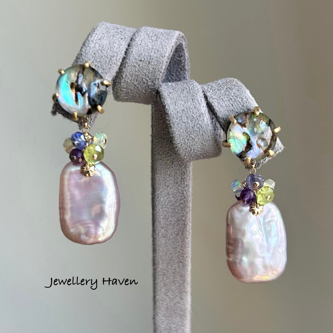 Iridescent lavender pearls and round abalone shell stud earrings (detachable dangle)