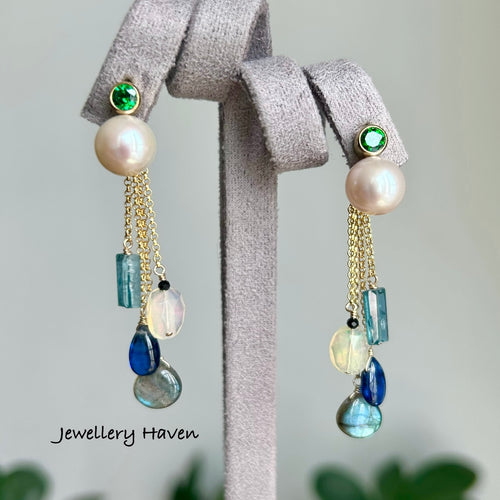 Pearl and gems tassel earrings