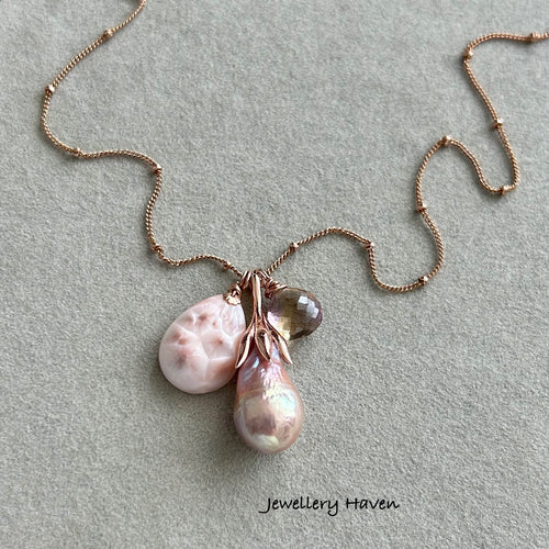 Pink natrolite, Edison pearl and ametrine necklace