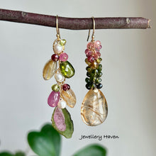Load image into Gallery viewer, Watermelon tourmaline and golden rutilated quartz earrings