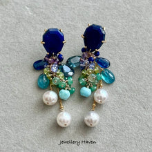 Load image into Gallery viewer, Lapis lazuli, akoya pearls, kyanite, emeralds earrings