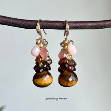 Charger l'image dans la galerie, Tiger eye, garnet, pink opal, champagne zircon earrings