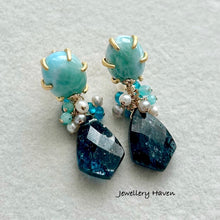 Load image into Gallery viewer, Teal moss kyanite with larimar studs earrings