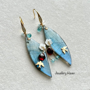 Statement aqua blue Labradorite earrings (Swallow Bird series)