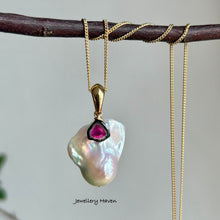 Charger l'image dans la galerie, Rainbow iridescent baroque pearl, watermelon tourmaline pendant necklace