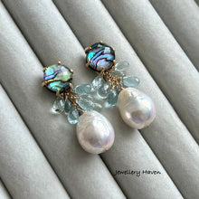 Charger l'image dans la galerie, Edison pearl, aquamarine and abalone shell stud earrings (detachable)