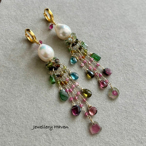 Edison pearl and tourmaline tassels earrings