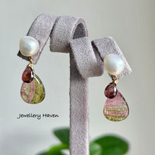 Load image into Gallery viewer, Rare tourmaline slice dangle with baby baroque pearl studs