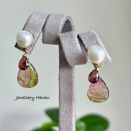 Rare tourmaline slice dangle with baby baroque pearl studs