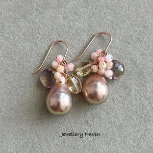 Edison pearl, pink opal, ametrine cluster earrings