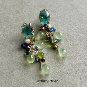 Prehnite, peridot clusters and teal moss kyanite studs earrings