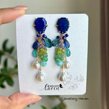 Load image into Gallery viewer, Lapis lazuli, akoya pearls, kyanite, emeralds earrings