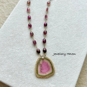 Watermelon tourmaline slice with tourmaline oval nugget necklace