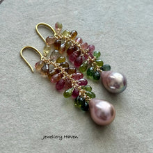 Load image into Gallery viewer, Tourmaline and purplish Edison pearl earrings