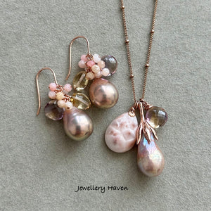 Edison pearl, pink opal, ametrine cluster earrings