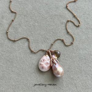 Pink natrolite, Edison pearl and ametrine necklace