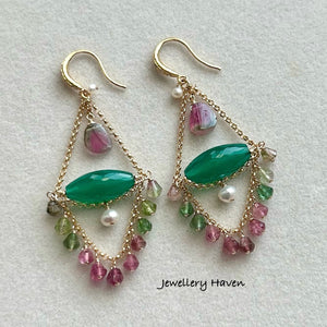 Green onyx and tourmaline chandelier earrings