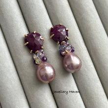 Load image into Gallery viewer, Purplish pink Edison pearl and ruby studs earrings