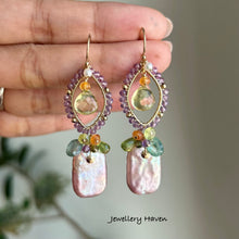 Load image into Gallery viewer, Lilac iridescent pearl, amethyst and peridot earrings