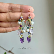 Load image into Gallery viewer, Pearl, amethyst, fluorite, pink amethyst carved leaf earrings
