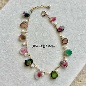 Watermelon tourmaline and pearl bracelet