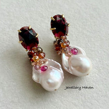 Load image into Gallery viewer, Lustrous iridescent white baroque pearls with garnet studs earrings