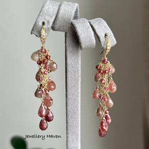 Andesine, pink tourmaline and garnet tassel earrings