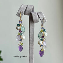 Load image into Gallery viewer, Pearl, amethyst, fluorite, pink amethyst carved leaf earrings