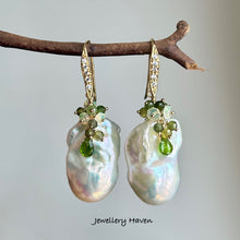 Load image into Gallery viewer, Iridescent baroque pearl, Ethiopian opal and green tourmaline earrings