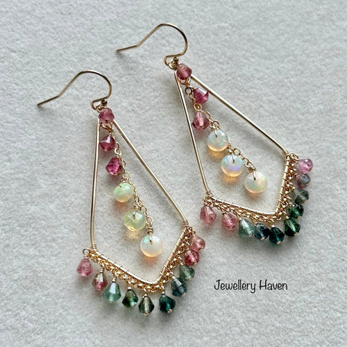 Tourmaline and Ethiopian opal chandelier earrings