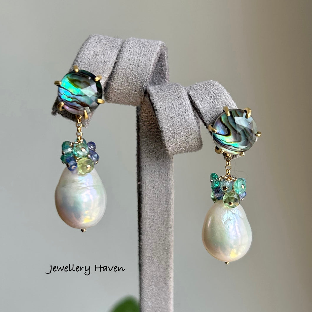 Edison pearl and abalone shell stud earrings (detachable dangle)