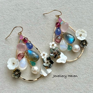 Blue flash labradorite and moonstone chandelier earrings.