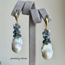Cargar imagen en el visor de la galería, Baroque pearl, blue green sapphire , tanzanite and earrings